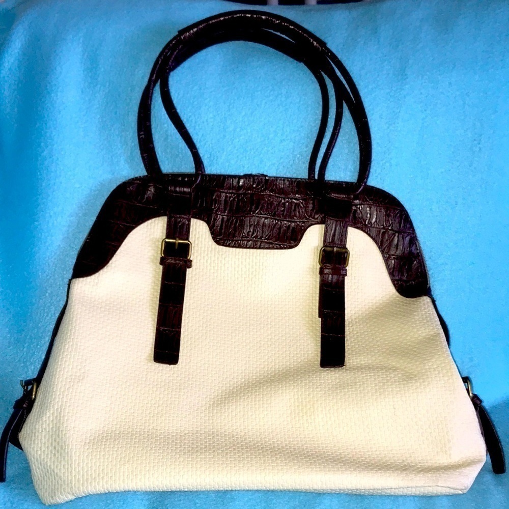𝅺Tote bag large unbranded leather look decorative buckles brown and beige
